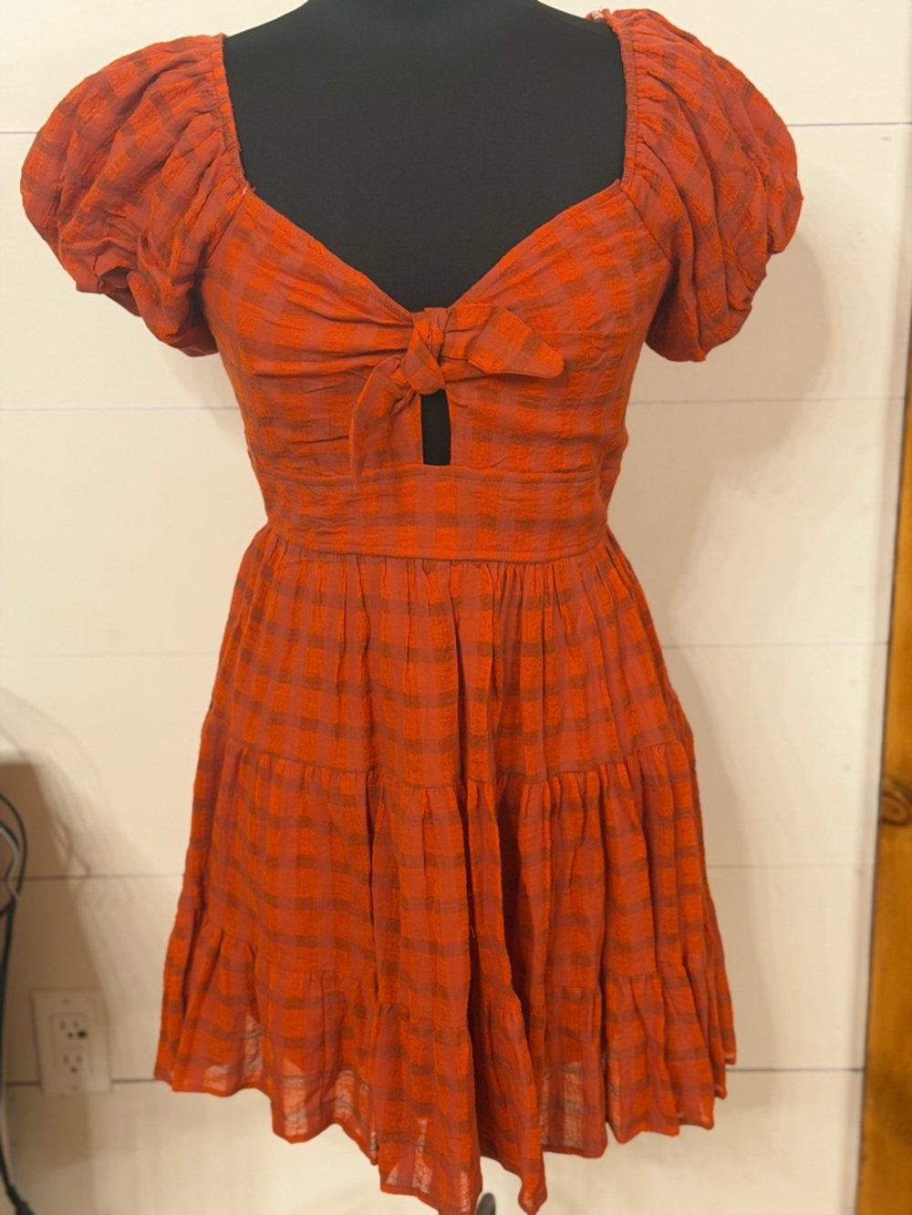 Francesca's Collections Rust Orange Plaid Tie-Front Mini Dress